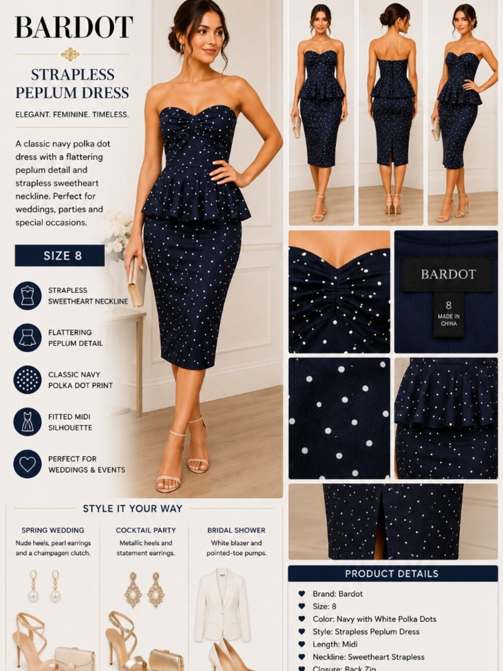 Bardot Navy Polka Dot Strapless Peplum Dress Womens Elegant Midi Wedding Guest